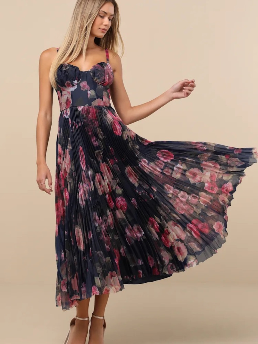 Lulus Alluring Invite Midnight Blue Floral Pleated Bustier Midi Dress